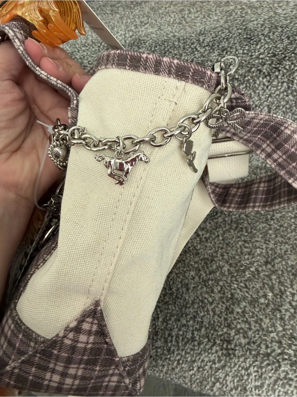 Madden Girl Brown Plaid Tote with Cream Panels & Plush Pony Charm